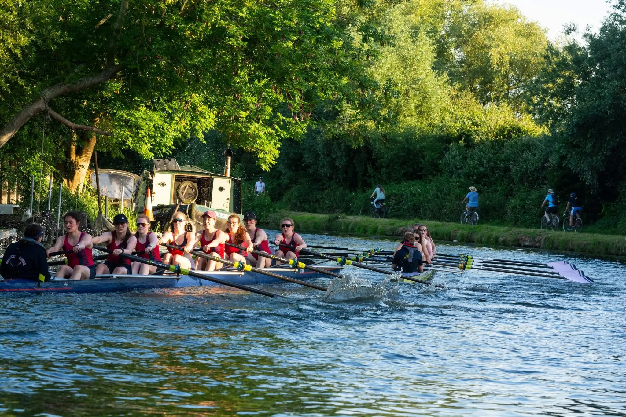 Two SSBC eights training on the Cam on a summer evening